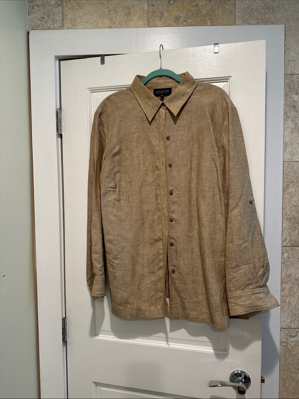 Jones New York 100% Linen Button-Front Blouse - Tan